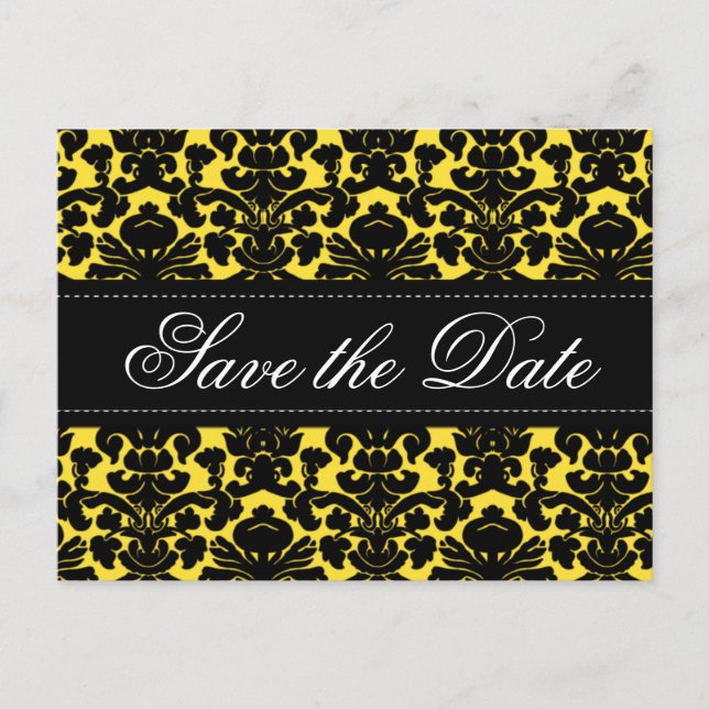 Yellow and Black Damask Save the Date Card (Front)