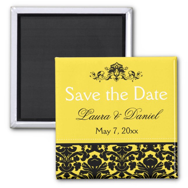 Yellow and Black Damask Save the Date Magnet (Front)