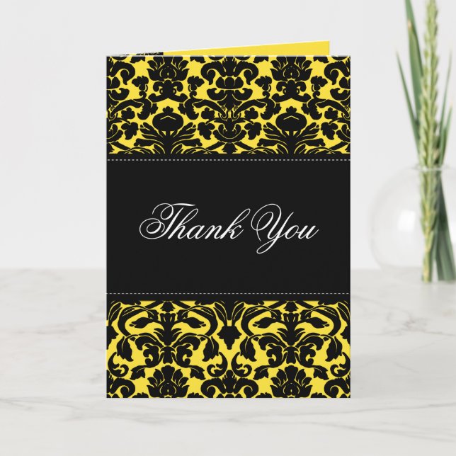 Yellow and Black Damask Thank You Card (Front)
