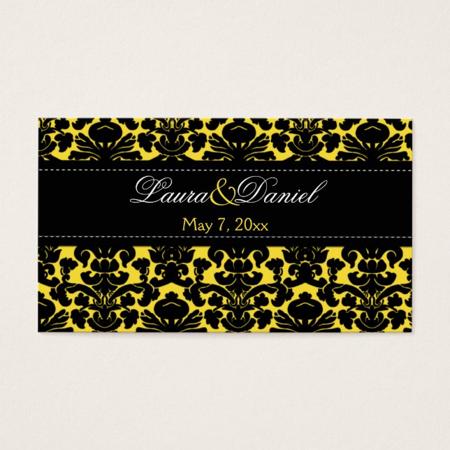 Yellow and Black Damask Wedding Favor Tag (Front)