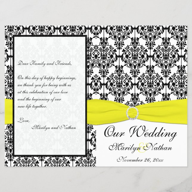 Yellow and Black Damask Wedding Program (Front)