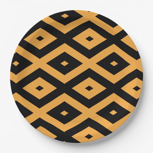 Yellow and black diamond pattern paper plates (Front)
