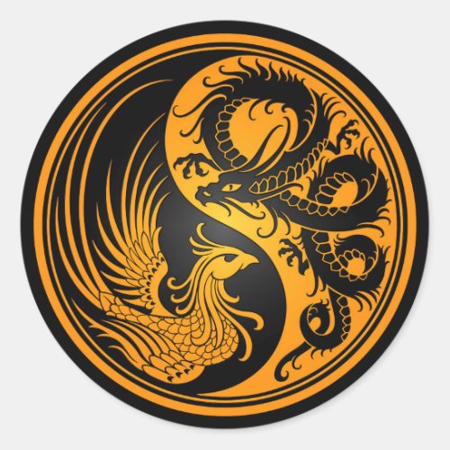 Yellow and Black Dragon Phoenix Yin Yang Classic Round Sticker
