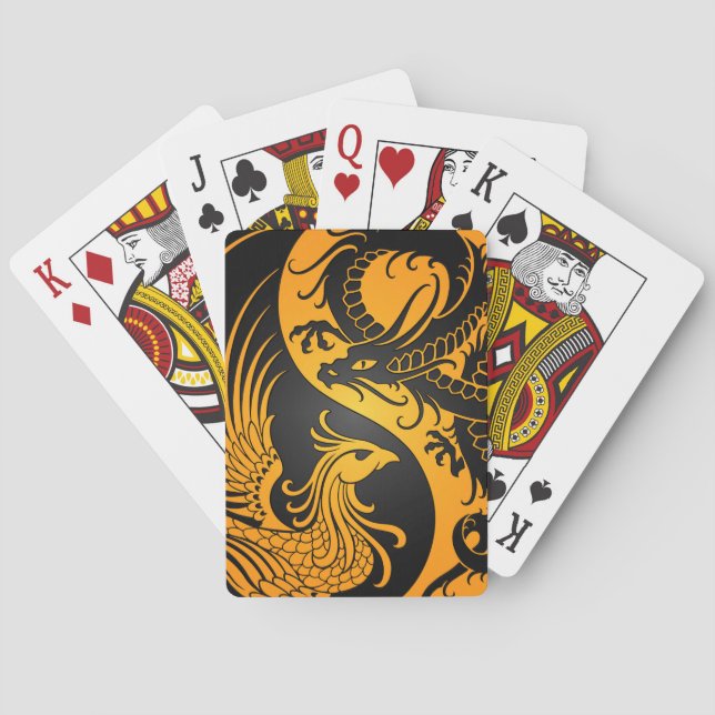 Yellow and Black Dragon Phoenix Yin Yang Poker Cards (Back)