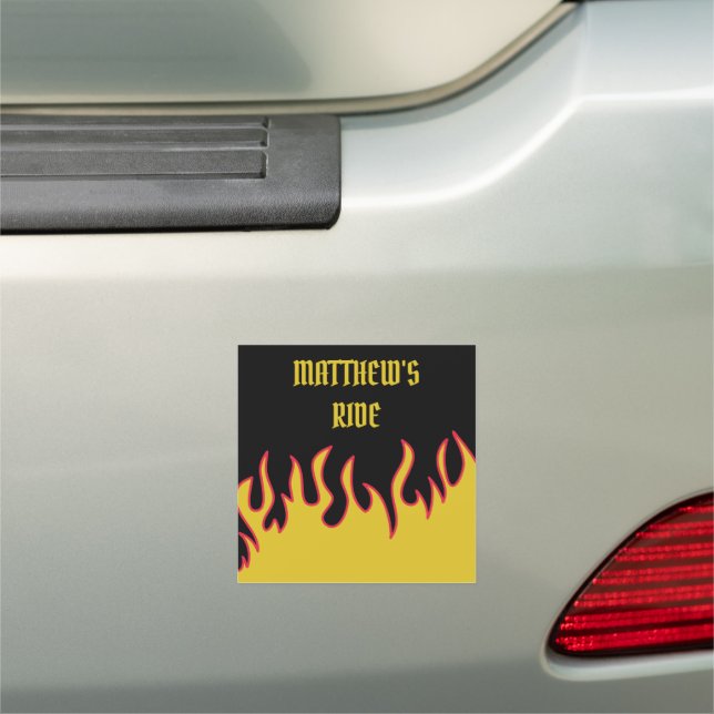 Yellow and Black Flames Custom Message Car Magnet (In Situ)