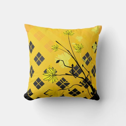 Yellow and Black Floral Abstract Pillow