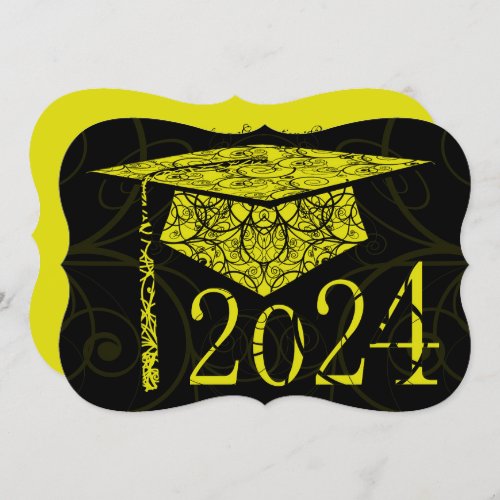 Yellow and Black Floral Cap 2024 Graduation Party Invitation