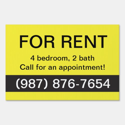Yellow and Black For Rent Real Estate Yard Sign