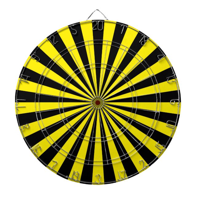 Yellow and Black Funky Sun Rays Retro Stripes Dartboard With Darts (Front)