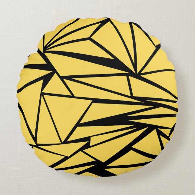 Yellow and Black Geometric Pattern Round Pillow (Front)