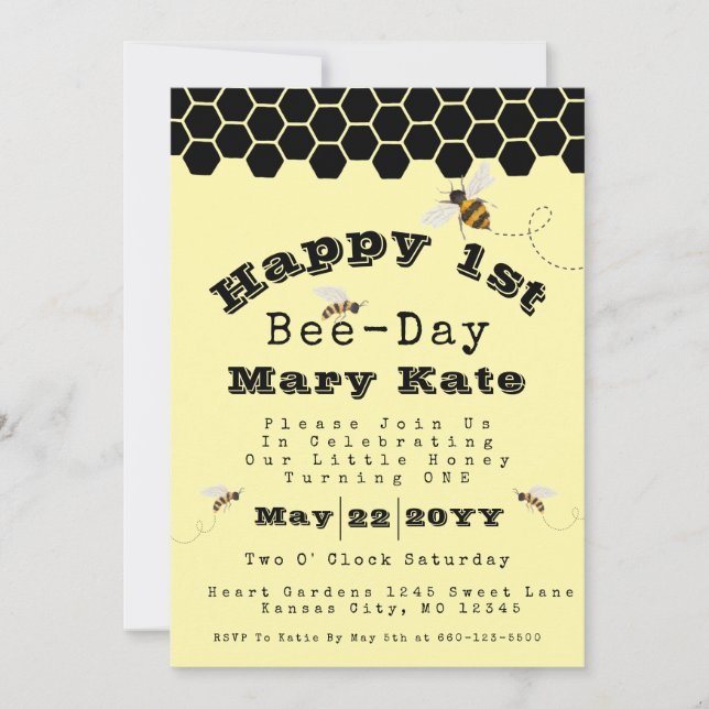 Yellow and Black Honeycomb 1st Birthday Honey Bee Invitation (Front)