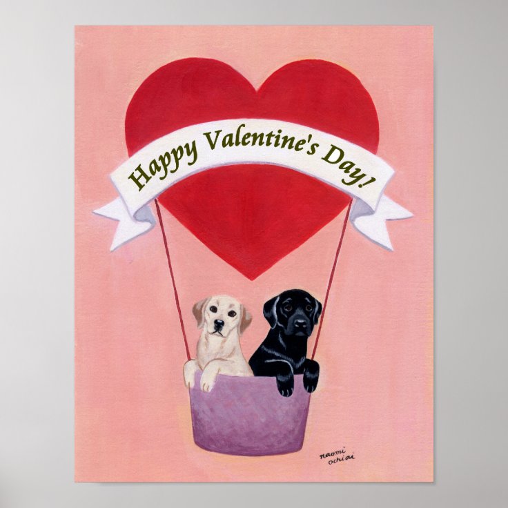 Yellow and Black Labrador Valentine Artwork Poster | Zazzle