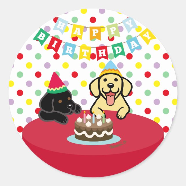 Yellow and Black Labradors Birthday Classic Round Sticker (Front)
