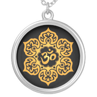Yellow and Black Lotus Flower Om Silver Plated Necklace