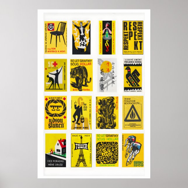 Yellow and Black Matchbox Label Collage, graphic Poster (Front)