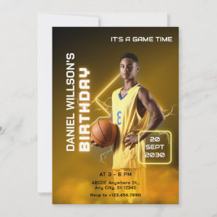 Yellow and black modern basketball photo birthday invitation
