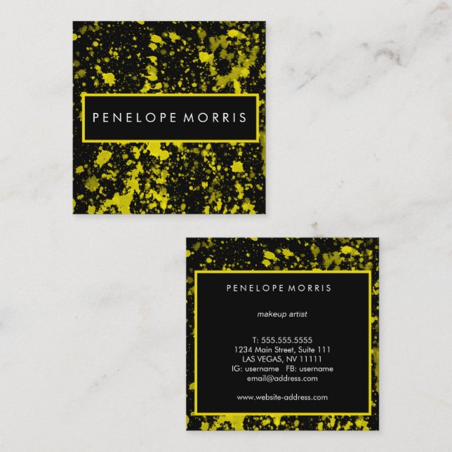  Yellow and Black Paint Splatter Beauty Stylist  Square Business Card (Front/Back)
