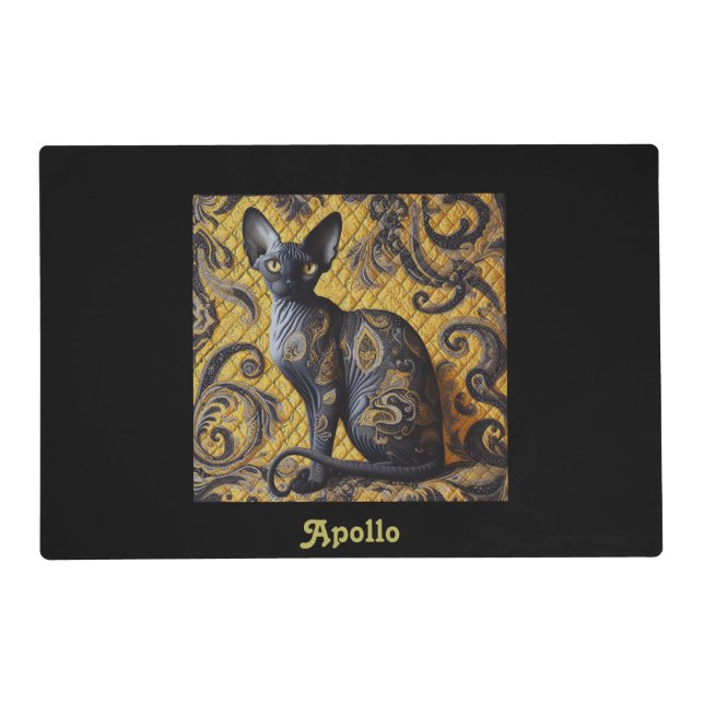 Yellow and Black Paisley Sphynx Cat Placemat (Front)