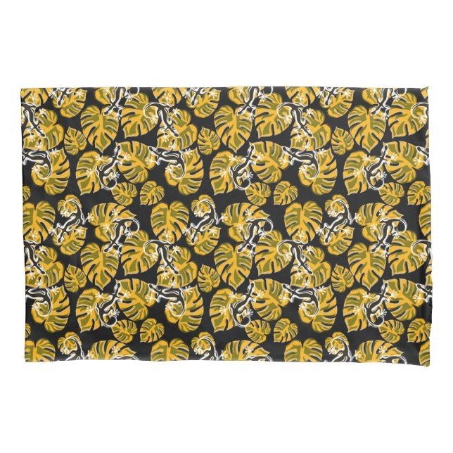 Yellow And Black Pattern - Geckos And Leaves Pillow Case (Front)
