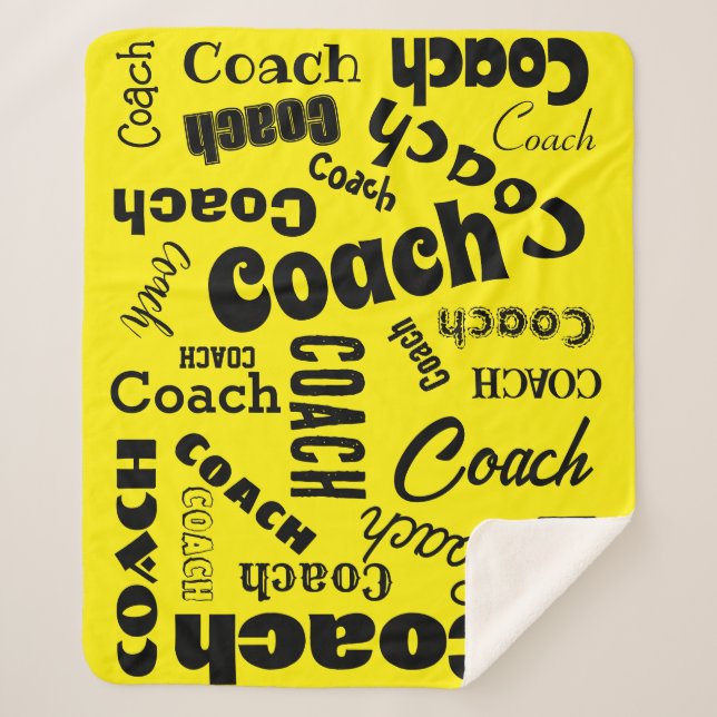 Yellow and Black Personalized Coach Gift Name Art Sherpa Blanket (Front)