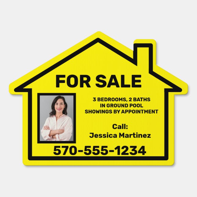 Yellow and Black Photo House For Sale Lawn Sign (Front)