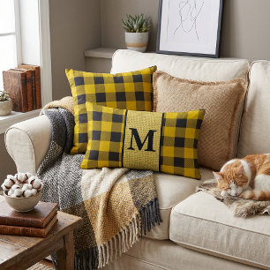 Yellow and black plaid monogram lumbar pillow