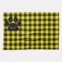 Yellow And Black Plaid Paw Print Kitchen Towel