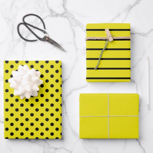 Yellow and Black Polka Dot Stripes Wrapping Paper Sheets