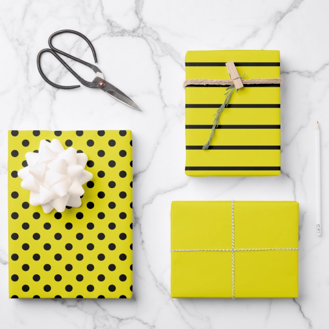 Yellow and Black Polka Dot Stripes Wrapping Paper Sheets (Front)