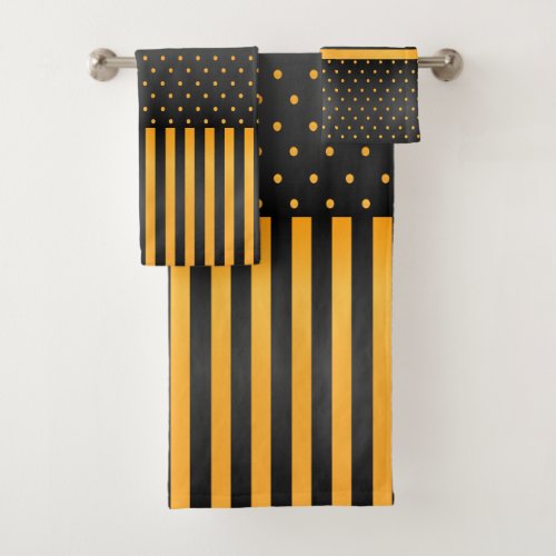 Yellow and Black Polka Dots and Stripes Bath Towel Set