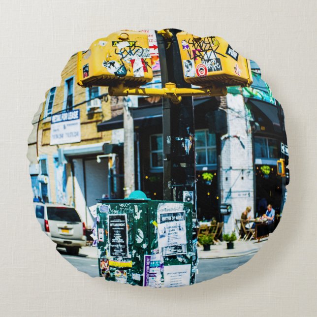 YELLOW AND BLACK POST FILLED WITH FLYERS ROUND PILLOW (Front)