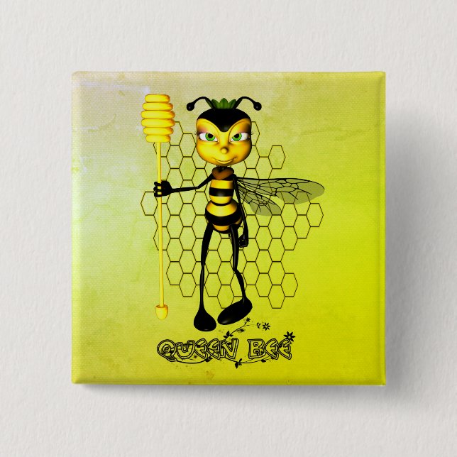 Yellow and black Queen Bee with honeycomb Button (Front)