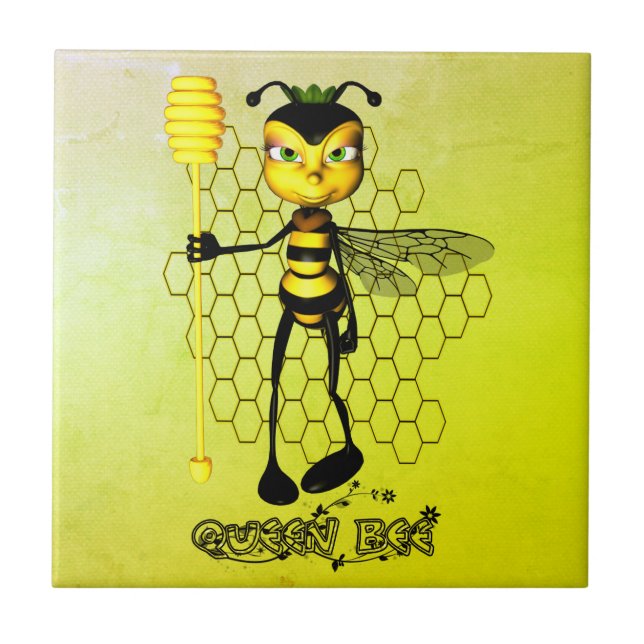 Yellow and black Queen Bee with honeycomb Ceramic Tile (Front)
