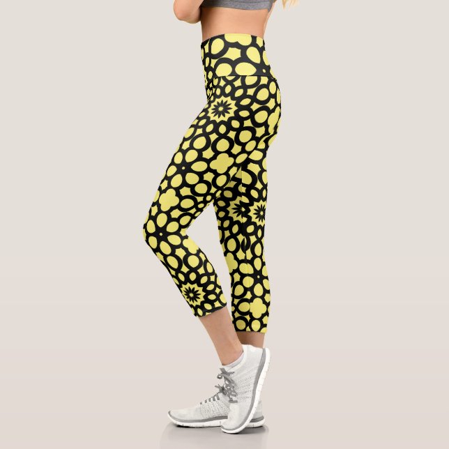 Yellow and Black Snowflake pattern Capri Leggings (Left)