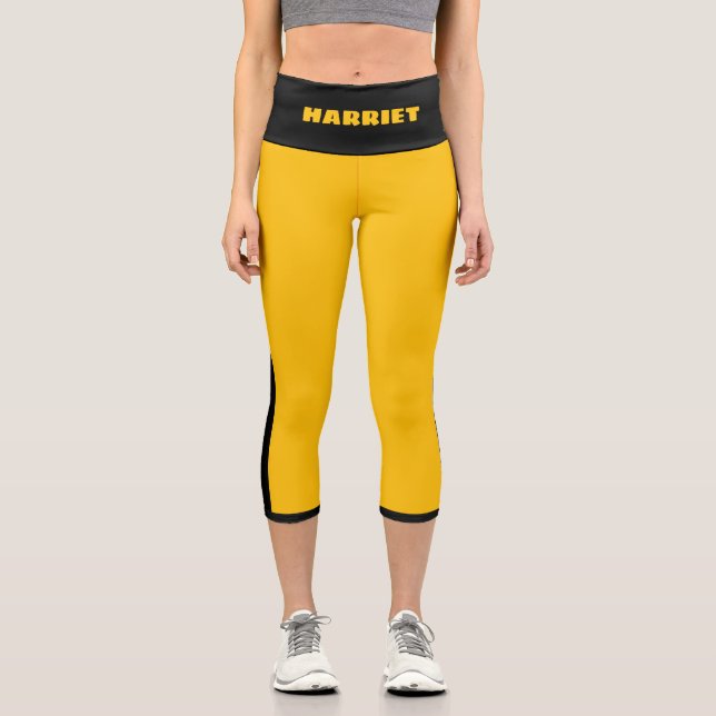 Yellow and Black Stripe Name Template Capri Leggings (Front)
