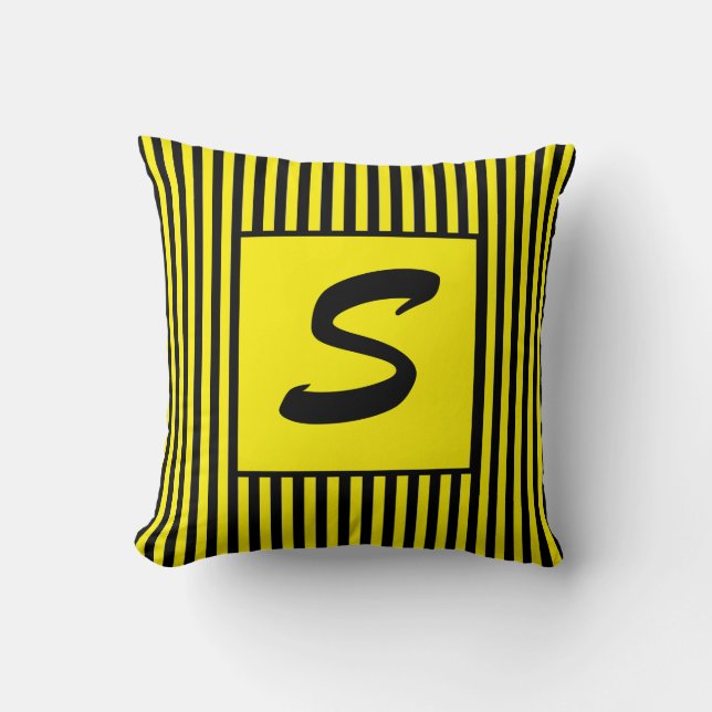 Yellow and Black Stripes Modern Monogram Throw Pillow (Front)