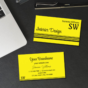 Yellow and Black Stripes with Monogram Stylish Business Card