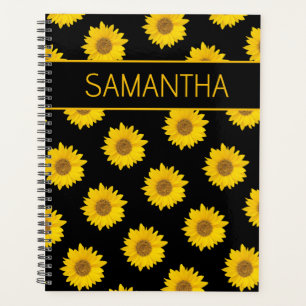 Yellow and Black Sunflower Pattern Custom Name Planner