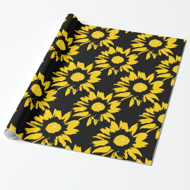 Yellow and Black Sunflower Pattern Wrapping Paper (Unrolled)