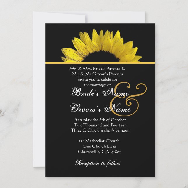 Yellow and Black Sunflower Wedding Metallic Paper Invitation (Front)