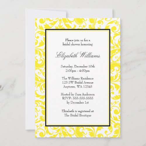 Yellow and Black Swirl Damask Bridal Shower Invitation