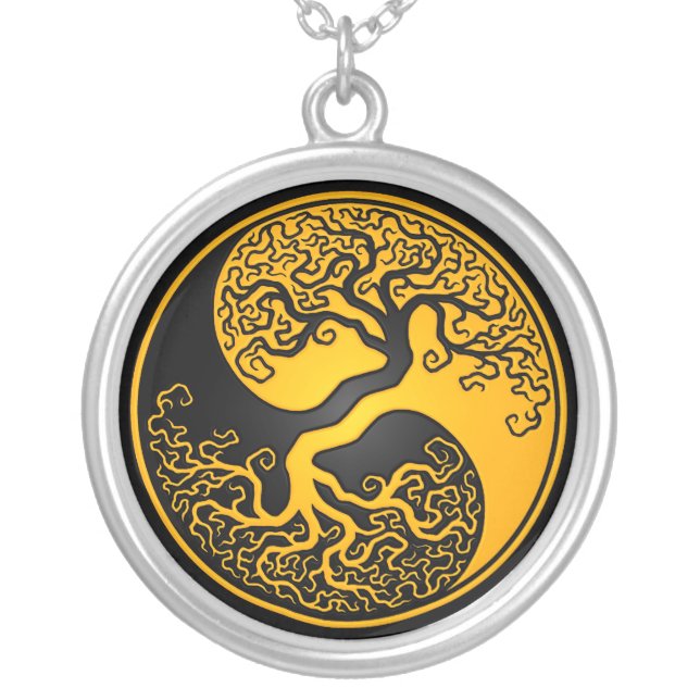 Yellow and Black Tree of Life Yin Yang Silver Plated Necklace (Front)