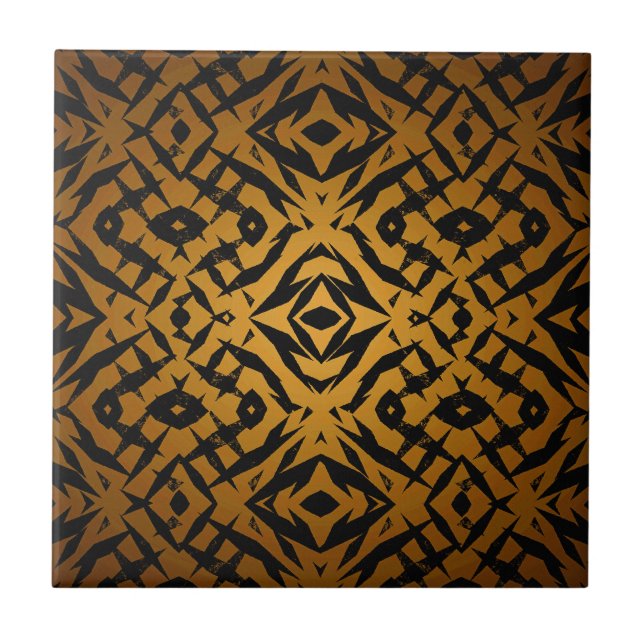 Yellow and black tribal shapes pattern ceramic tile (Front)