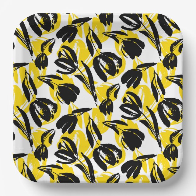 Yellow And Black Tulips  Paper Plates (Front)