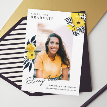 Yellow And Black Watercolor Floral Graduation Invitation by marlenedesigner at Zazzle