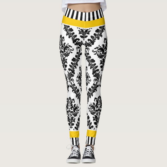 Yellow and black white damask pattern & stripes leggings (Front)