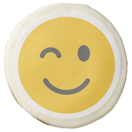 Yellow and Black Winking Emoji Face Sugar Cookie
