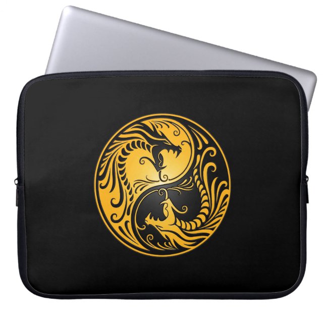 Yellow and Black Yin Yang Dragons Laptop Sleeve (Front)