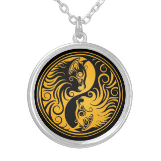 Yellow and Black Yin Yang Kittens Silver Plated Necklace