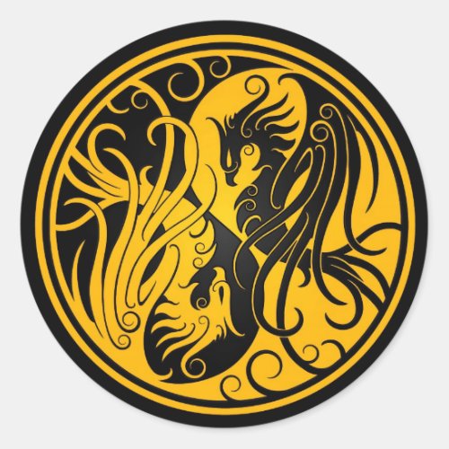 Yellow and Black Yin Yang Phoenix Classic Round Sticker